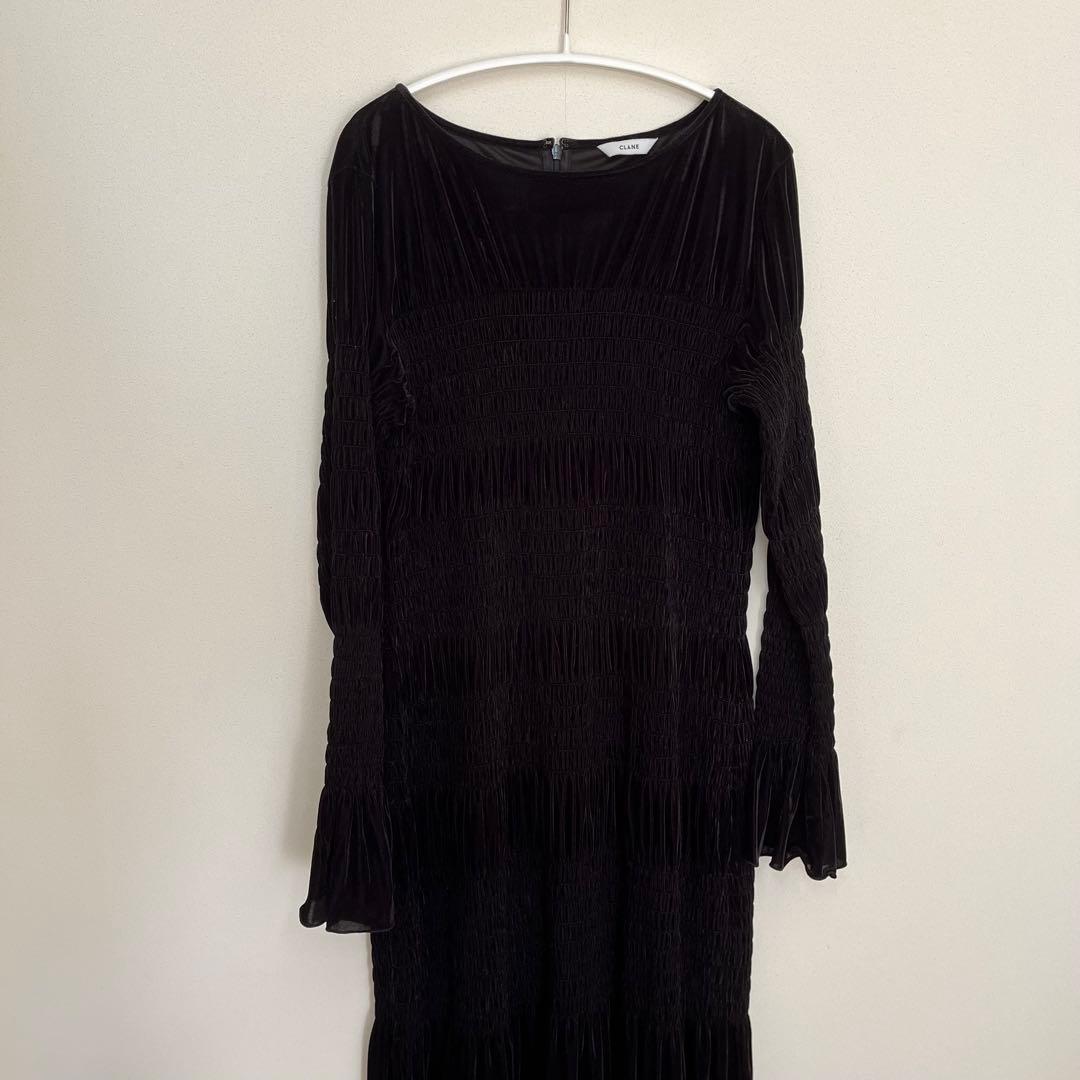 CLANE SHIRRING LONG ONEPIECE ブラック