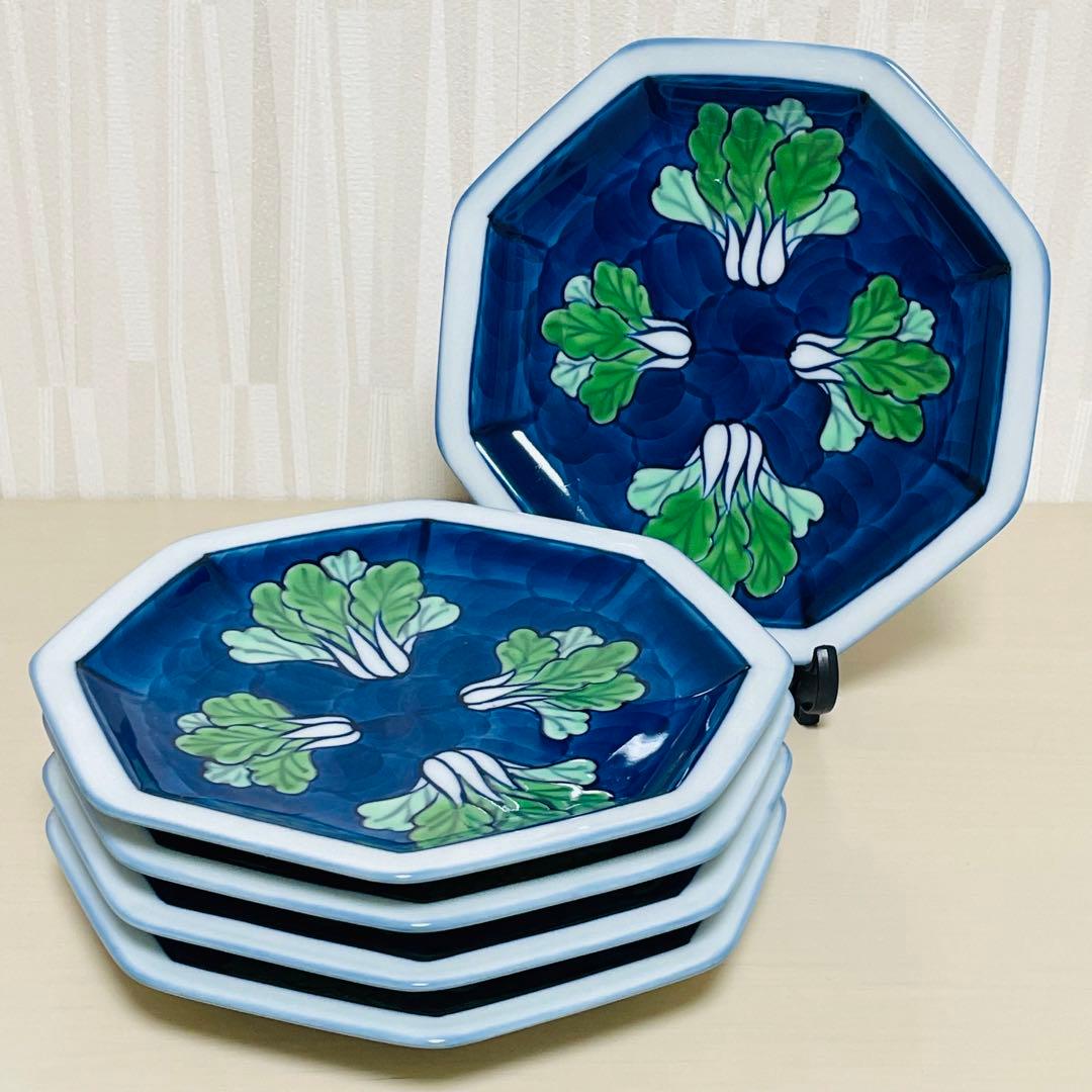 有田焼 源右衛門 染錦 菜っ葉紋 八角 皿 プレート 5枚セット 約15cm