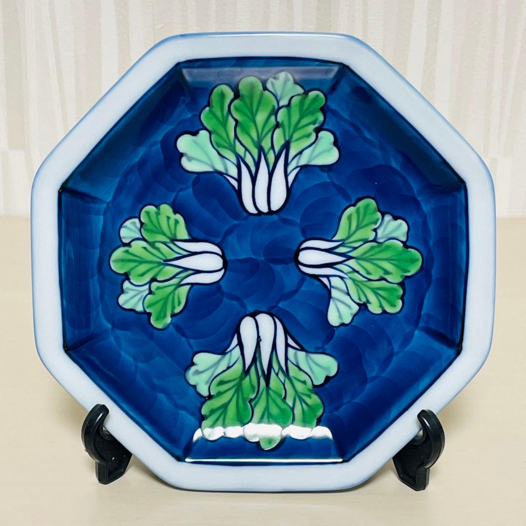 有田焼 源右衛門 染錦 菜っ葉紋 八角 皿 プレート 5枚セット 約15cm