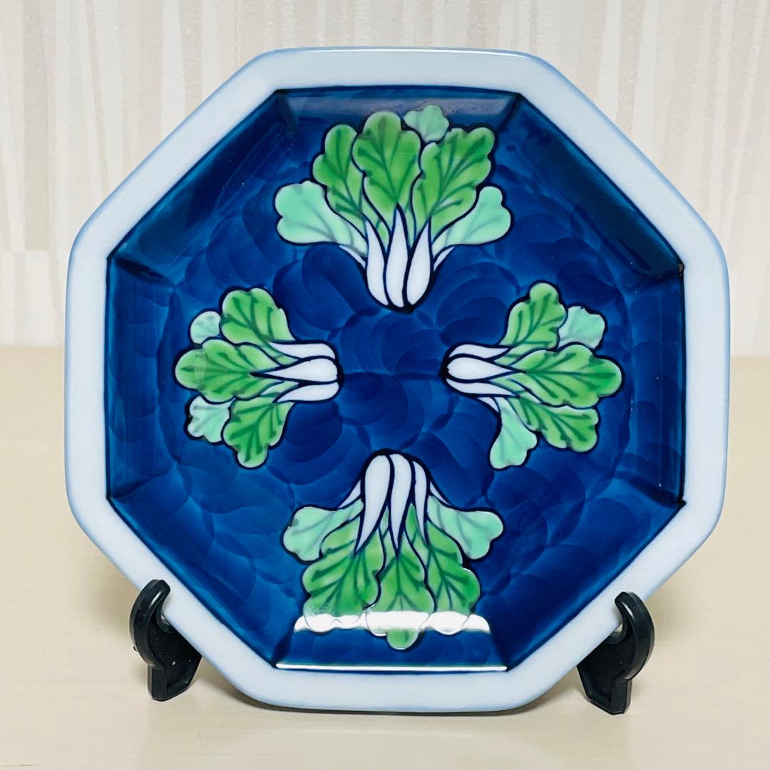 有田焼 源右衛門 染錦 菜っ葉紋 八角 皿 プレート 5枚セット 約15cm