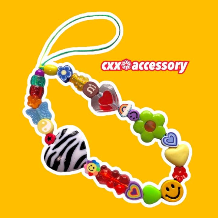 【s-184】ビーズストラップ スマホ❁ニコちゃん カラフル 個性的古着韓国