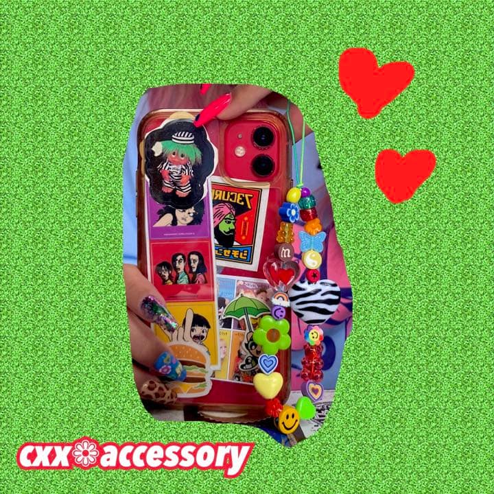 【s-184】ビーズストラップ スマホ❁ニコちゃん カラフル 個性的古着韓国