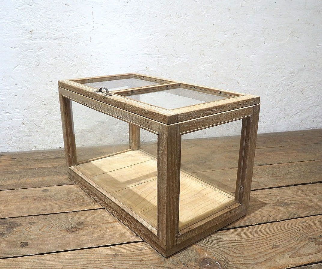 1412　蓋付　ナラ材のガラスケース　飾り棚　古家具　レトロ　アンティーク　小型