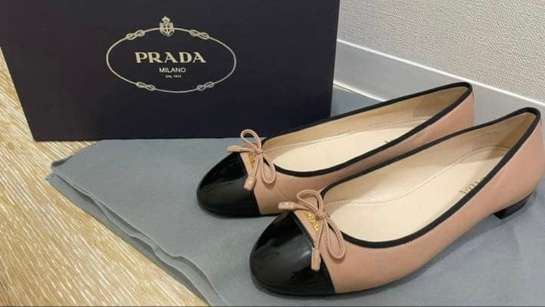 【試着のみ】PRADA＊エナメルフラットシューズ リボン付きパンプス バイカラー