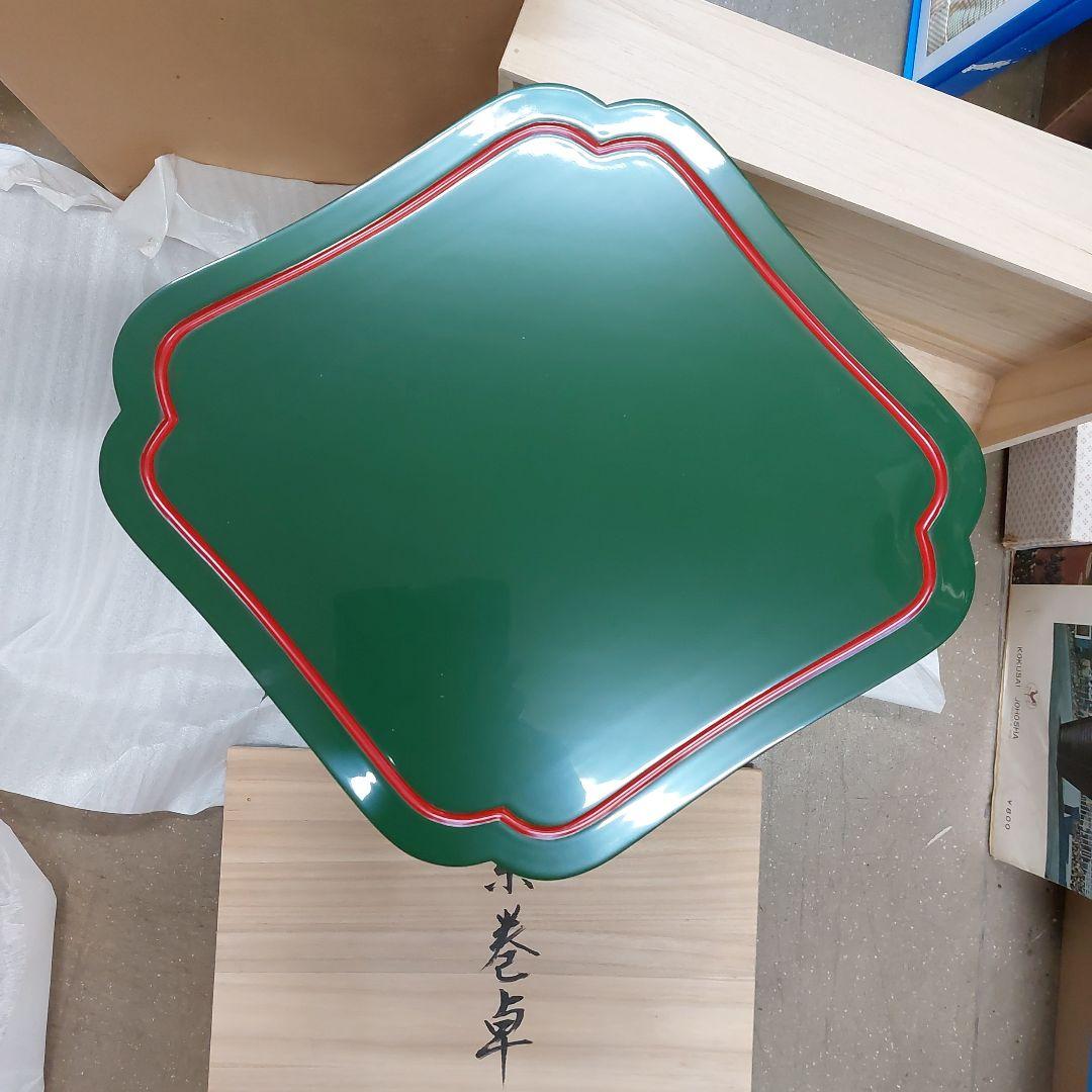 糸巻卓　茶道具 未使用 塗し　真斉 桐箱入り 木工製品 グリーン 色