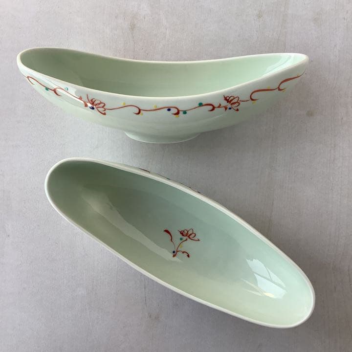 三川内焼 手描き赤絵ボート形盛り鉢2個 TS1976