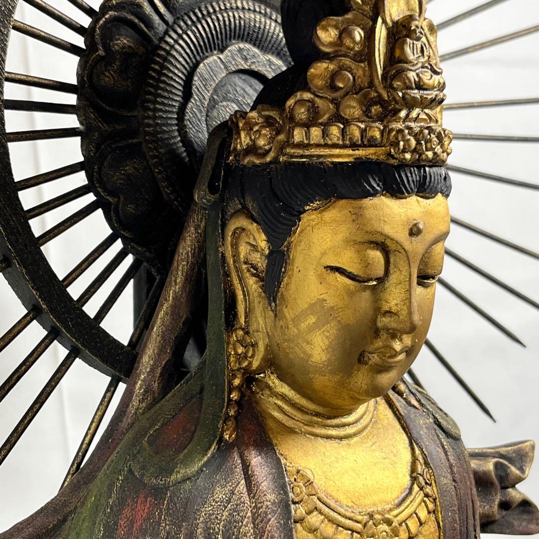 木彫り 観音 楠彫 仏像 戴元偉作 願掛け観音 東京書芸館 古色金彩仕上げ