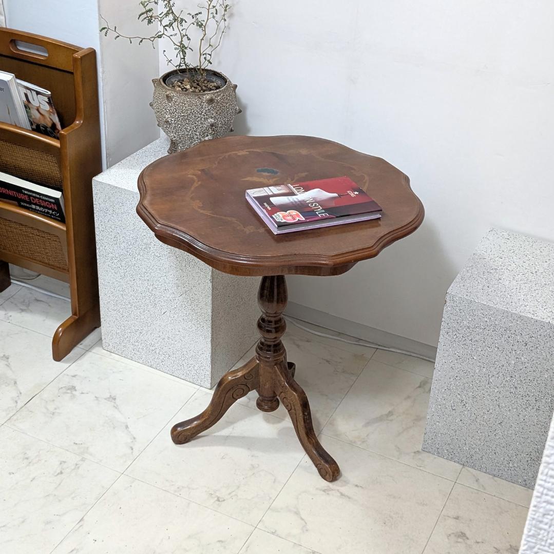 イタリア製 猫脚 ウッド サイドテーブル 象嵌細工 ビーチ 無垢材 ビンテージ