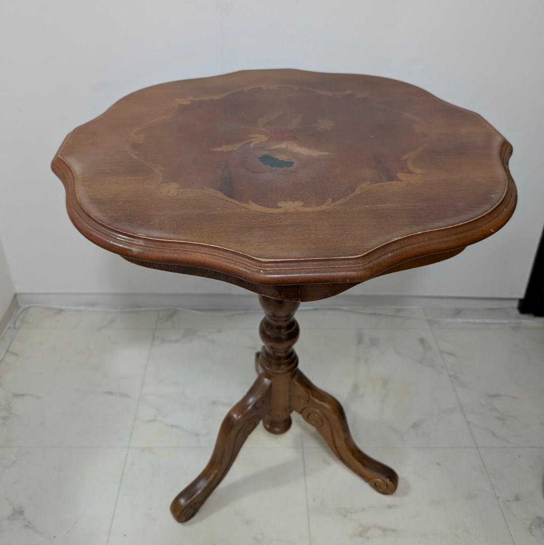 イタリア製 猫脚 ウッド サイドテーブル 象嵌細工 ビーチ 無垢材 ビンテージ