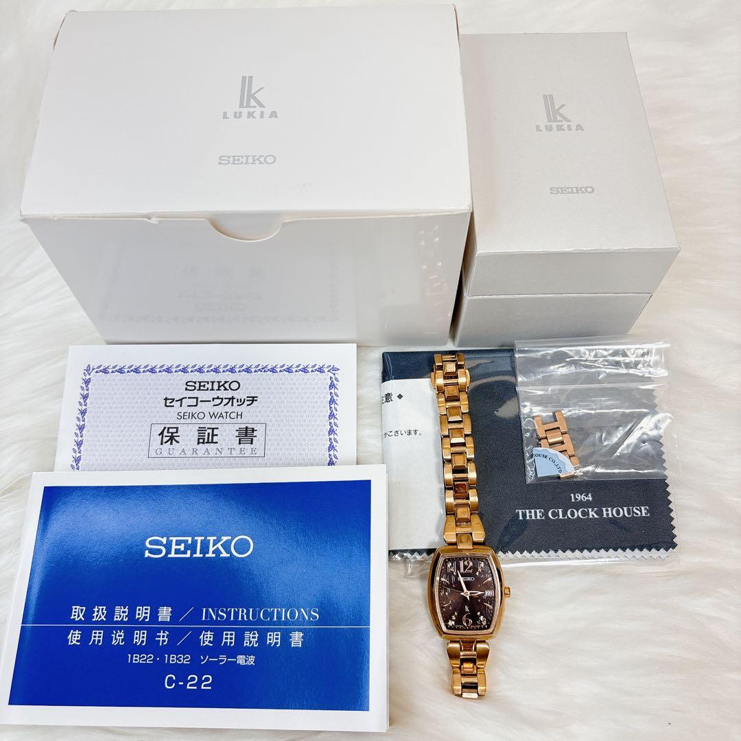 稼働美品✨セイコー　ルキア　1pダイヤ　腕時計 電波ソーラー ゴールド　トノー