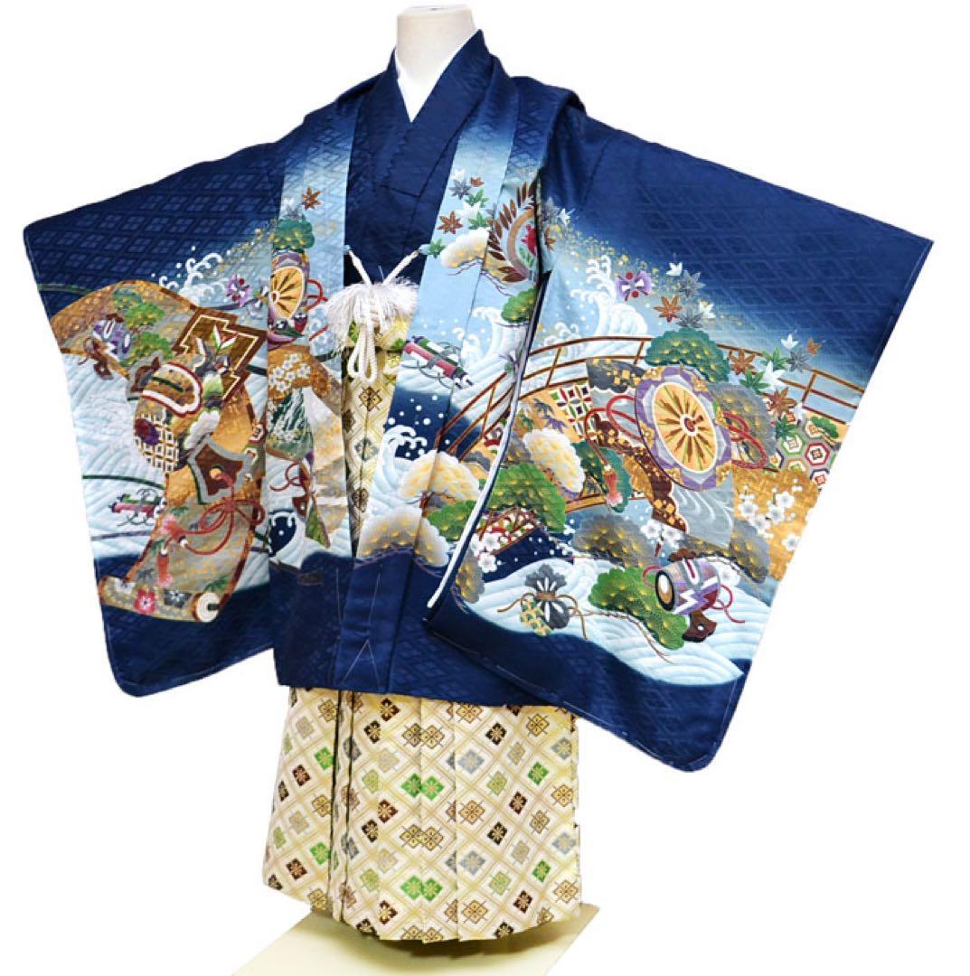 七五三 着物 男の子 袴 セット 3歳、5歳羽織袴 フルセット 鷹柄　紺
