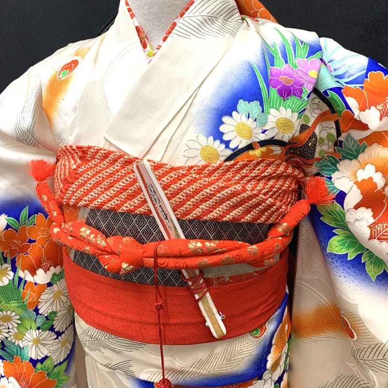 506ag3着物&長襦袢□七五三 七歳 女児 金彩 花 鼓 孔雀羽□良好