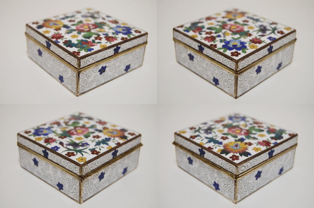 七宝焼 金工 銅胎 花紋様宝石箱　白花詰　中国　小箱 ジュエリーボックス　風水