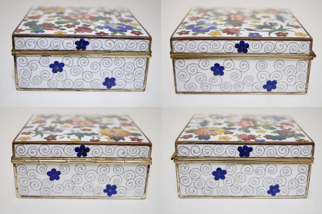 七宝焼 金工 銅胎 花紋様宝石箱　白花詰　中国　小箱 ジュエリーボックス　風水