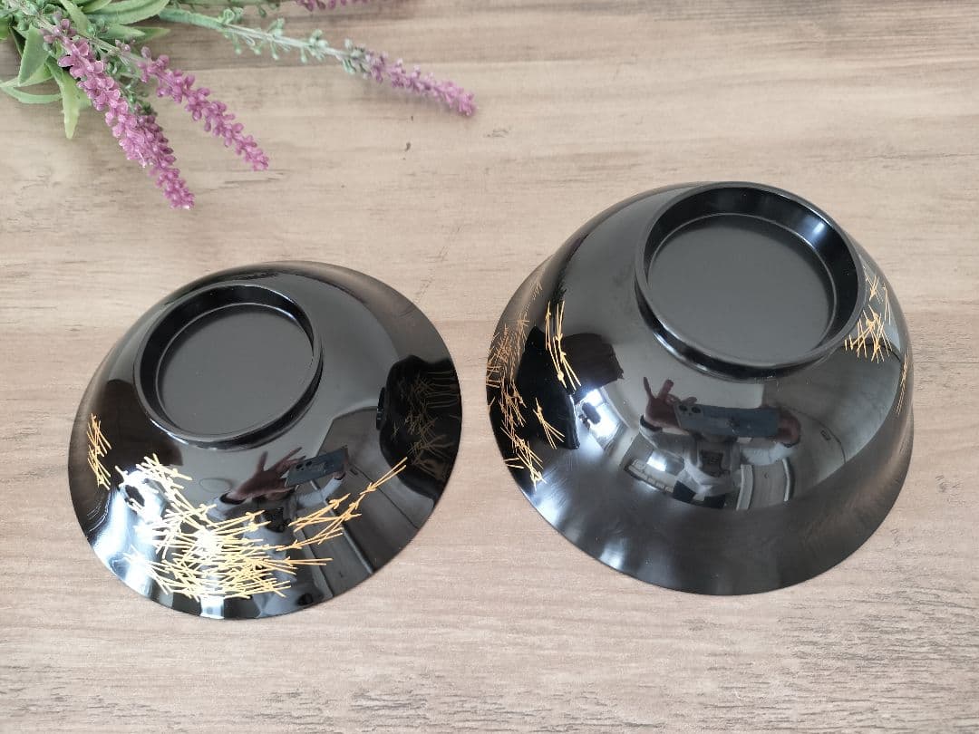 輪島塗 黒色漆器 蓋付汁椀　5客セット 松葉 金彩模様 桐箱付き