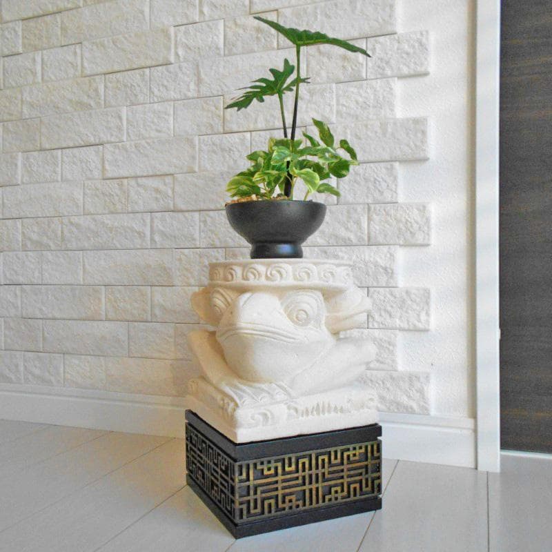 石像 かえるの花台 アジアン風 格子文様柄 土台 セット♪ カエル 蛙 縁起物