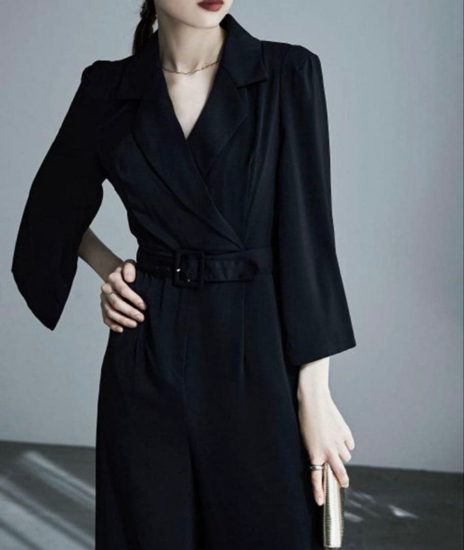 etoll. スリットスリーブオールインワンパンツドレス 結婚式 ブラック 黒