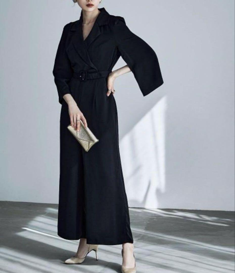 etoll. スリットスリーブオールインワンパンツドレス 結婚式 ブラック 黒
