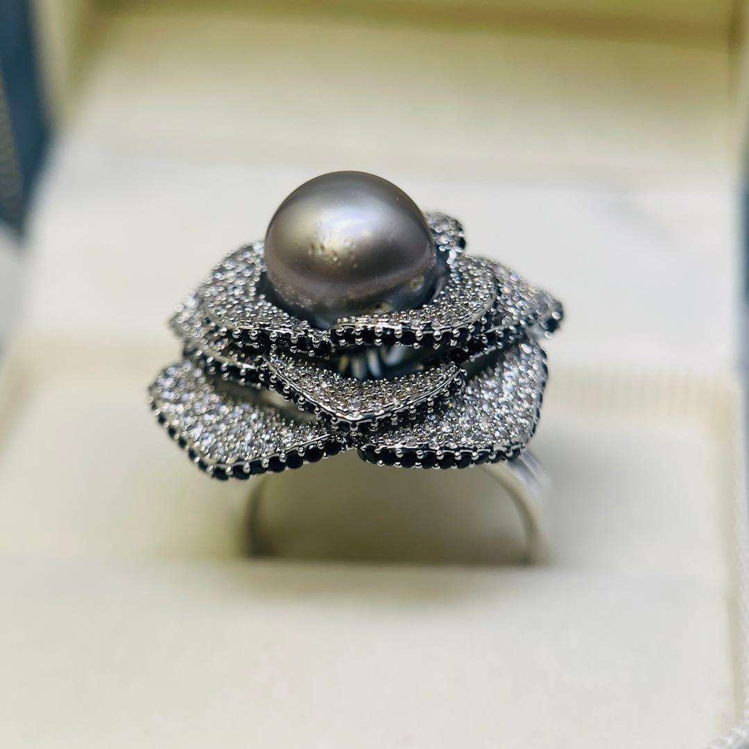南洋真珠 リング 黑蝶真珠 黒真珠　タヒチ　指輪 プラチナグレー 薔薇