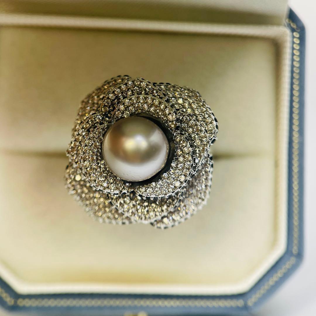 南洋真珠 リング 黑蝶真珠 黒真珠　タヒチ　指輪 プラチナグレー 薔薇