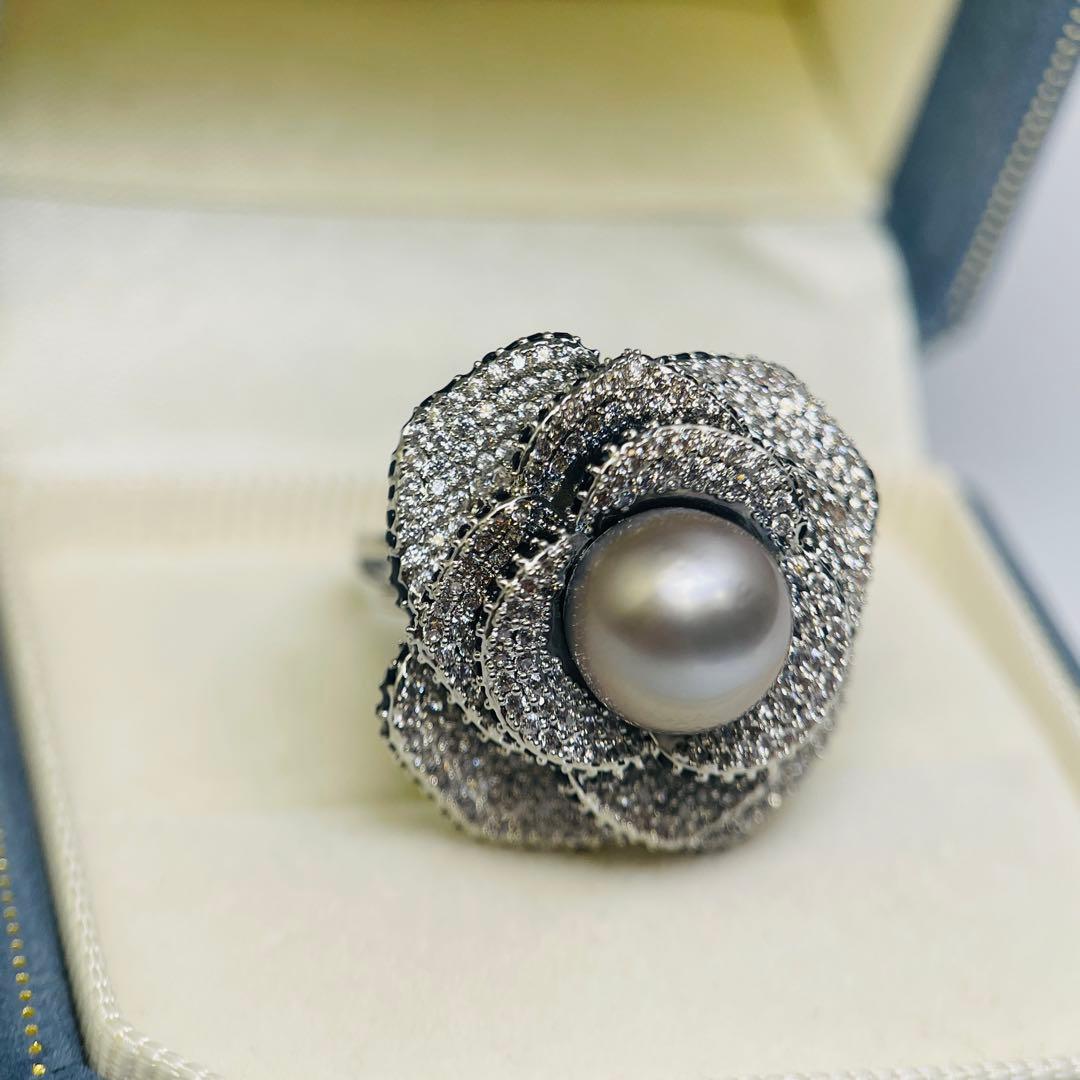 南洋真珠 リング 黑蝶真珠 黒真珠　タヒチ　指輪 プラチナグレー 薔薇