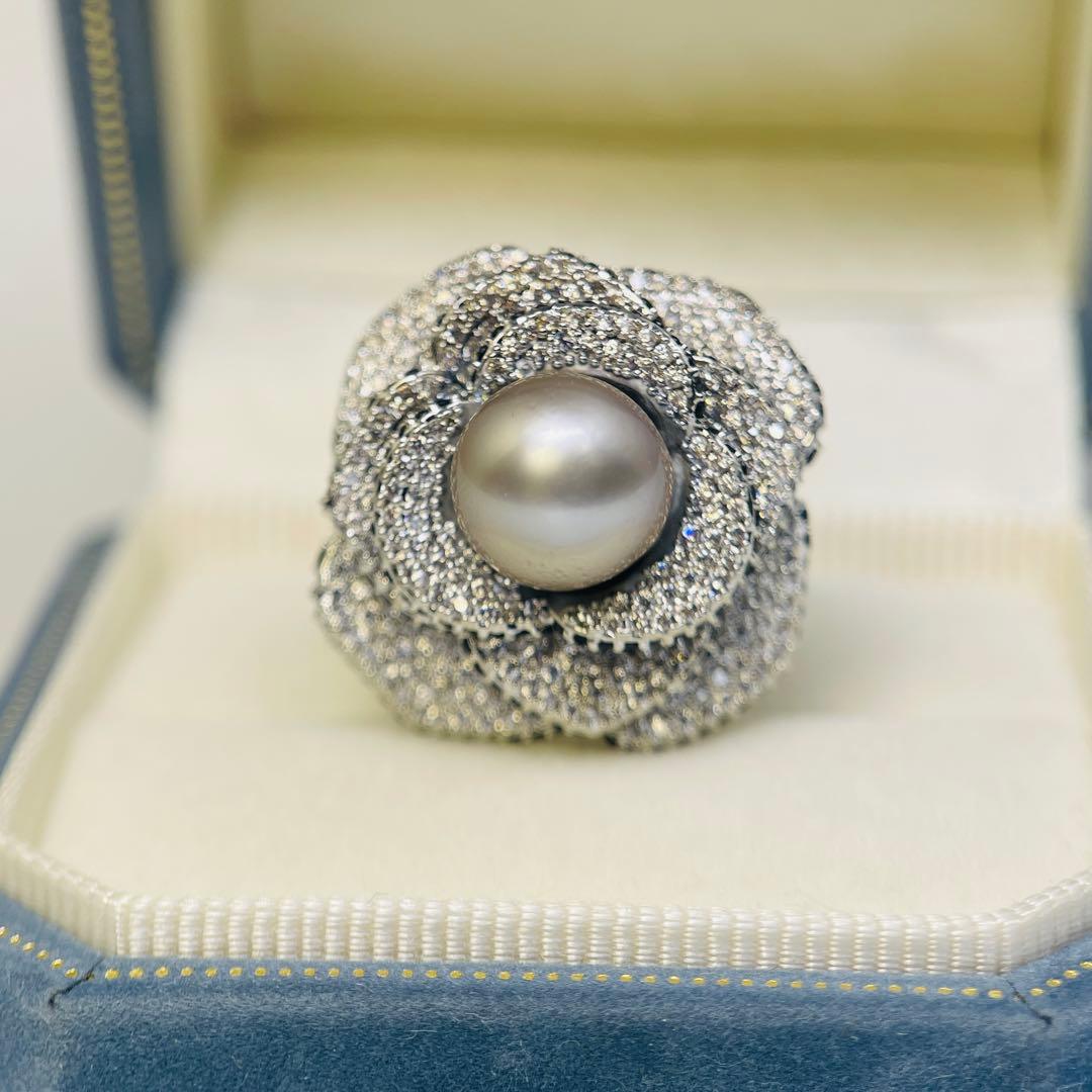 南洋真珠 リング 黑蝶真珠 黒真珠　タヒチ　指輪 プラチナグレー 薔薇