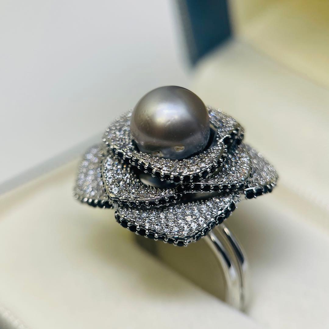 南洋真珠 リング 黑蝶真珠 黒真珠　タヒチ　指輪 プラチナグレー 薔薇