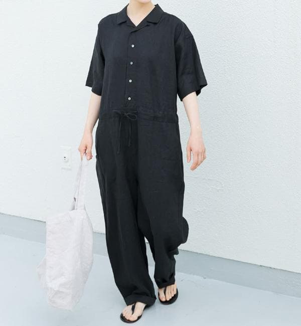 【即配送】かぐれ リネンハーフスリーブオールインワン ブラック