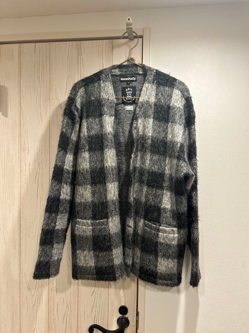 monitaly シャギーニットカーディガン Vネック 長袖 チェック柄 M