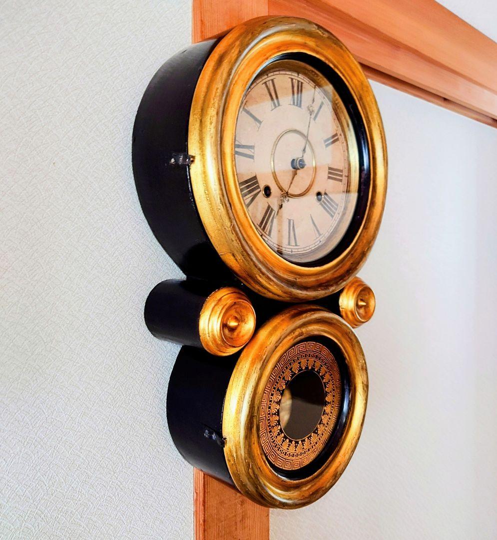 〈OH済完動美品〉ANSONIA　小型金箔本四ツ丸達磨ゼンマイ振り子掛け時計