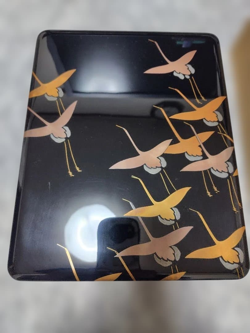 漆器 文箱 鶴模様 木箱入り