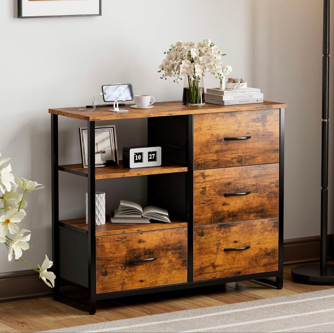 チェスト❣️収納 タンス 棚付き リビング収納チェストUSBポート付き 3段4杯