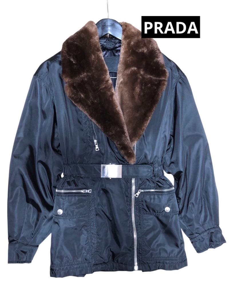 プラダ　PRADA ファー付き　ナイロン＆レザーベルトコート　ライダース風　S