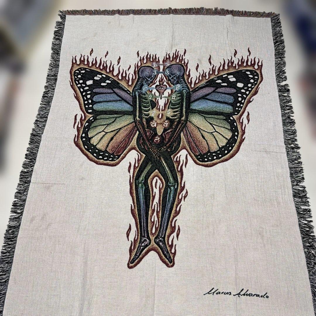 大判　髑髏　蝶々　マルチカバー　ソファカバー　ヴィンテージラグ　216x161