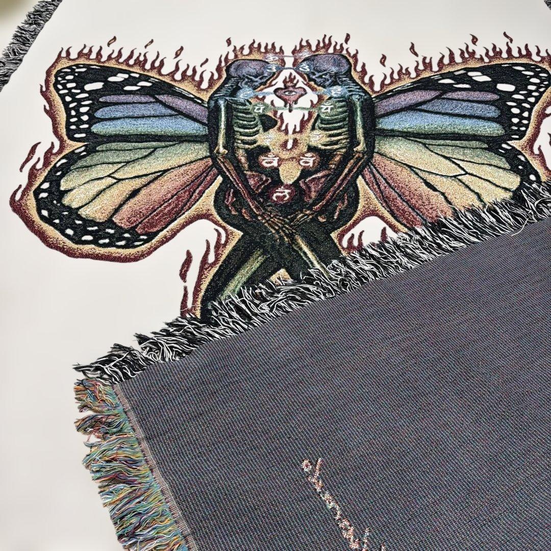 大判　髑髏　蝶々　マルチカバー　ソファカバー　ヴィンテージラグ　216x161