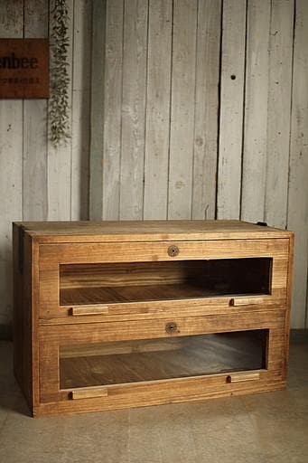 味のある前面ガラスの木製引き出し2段　食器棚　シャツケース　収納棚　古家具