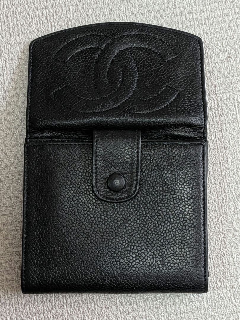 シャネル　デカココ　Wホック折り財布　キャビアスキン　黒　ミニチェーンウォレット