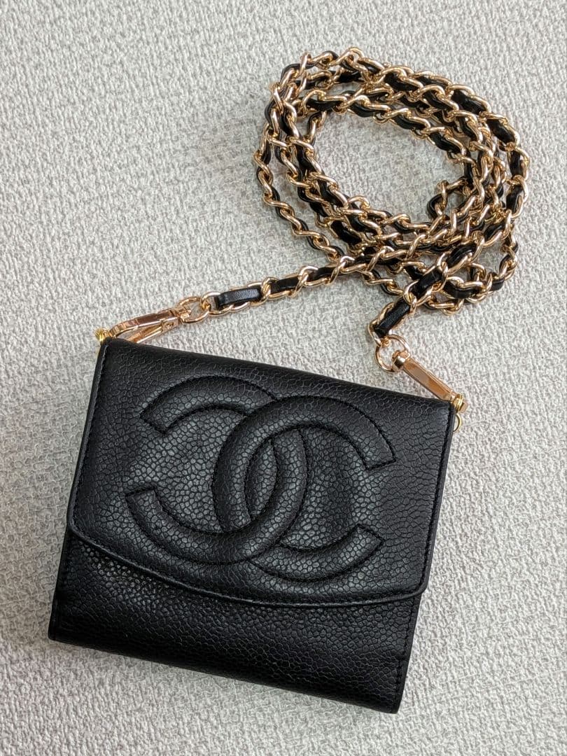 シャネル　デカココ　Wホック折り財布　キャビアスキン　黒　ミニチェーンウォレット