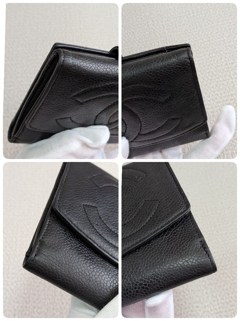 シャネル　デカココ　Wホック折り財布　キャビアスキン　黒　ミニチェーンウォレット