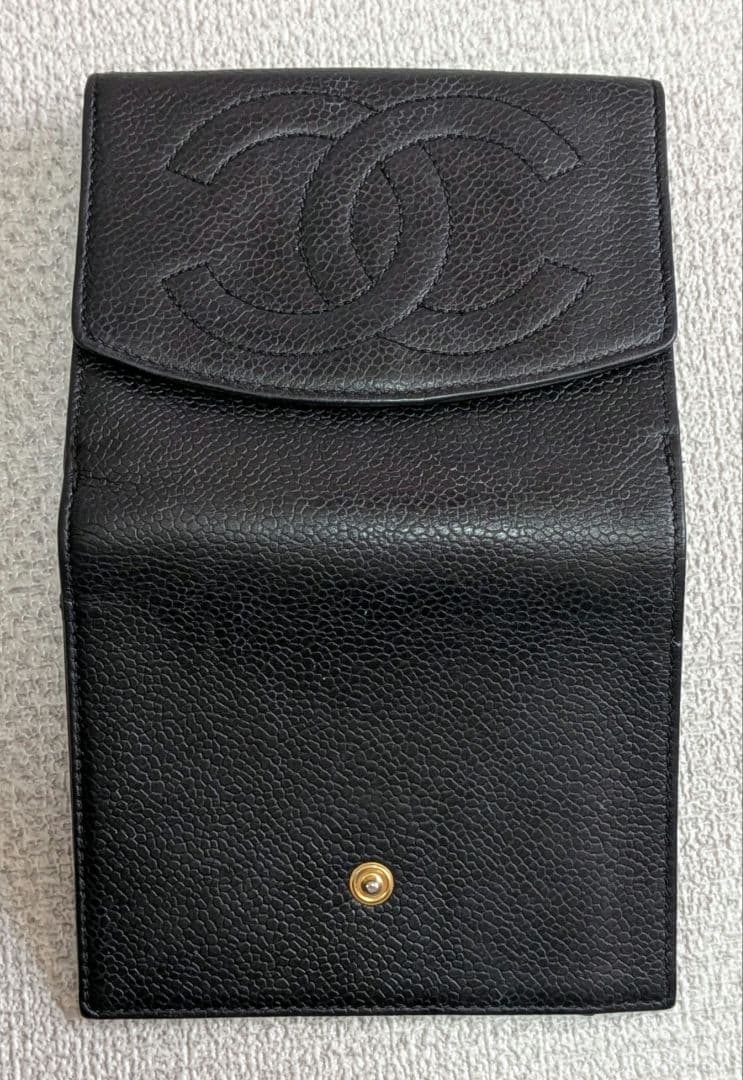 シャネル　デカココ　Wホック折り財布　キャビアスキン　黒　ミニチェーンウォレット