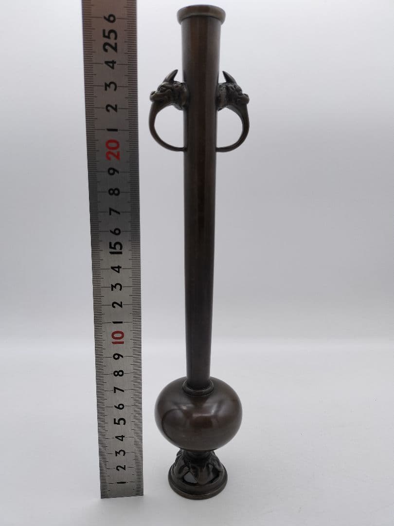 c234 鋳銅花入 獅子 耳付 堀井幸雲 木箱 茶道具 古物