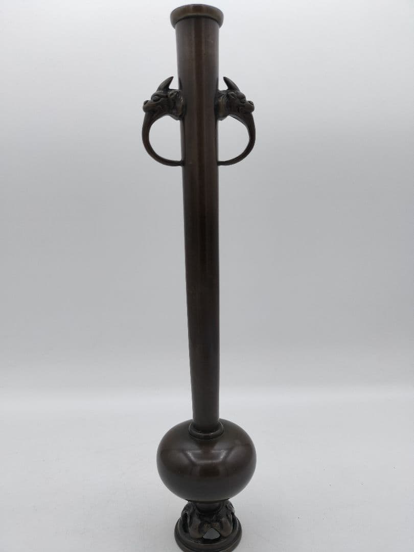 c234 鋳銅花入 獅子 耳付 堀井幸雲 木箱 茶道具 古物