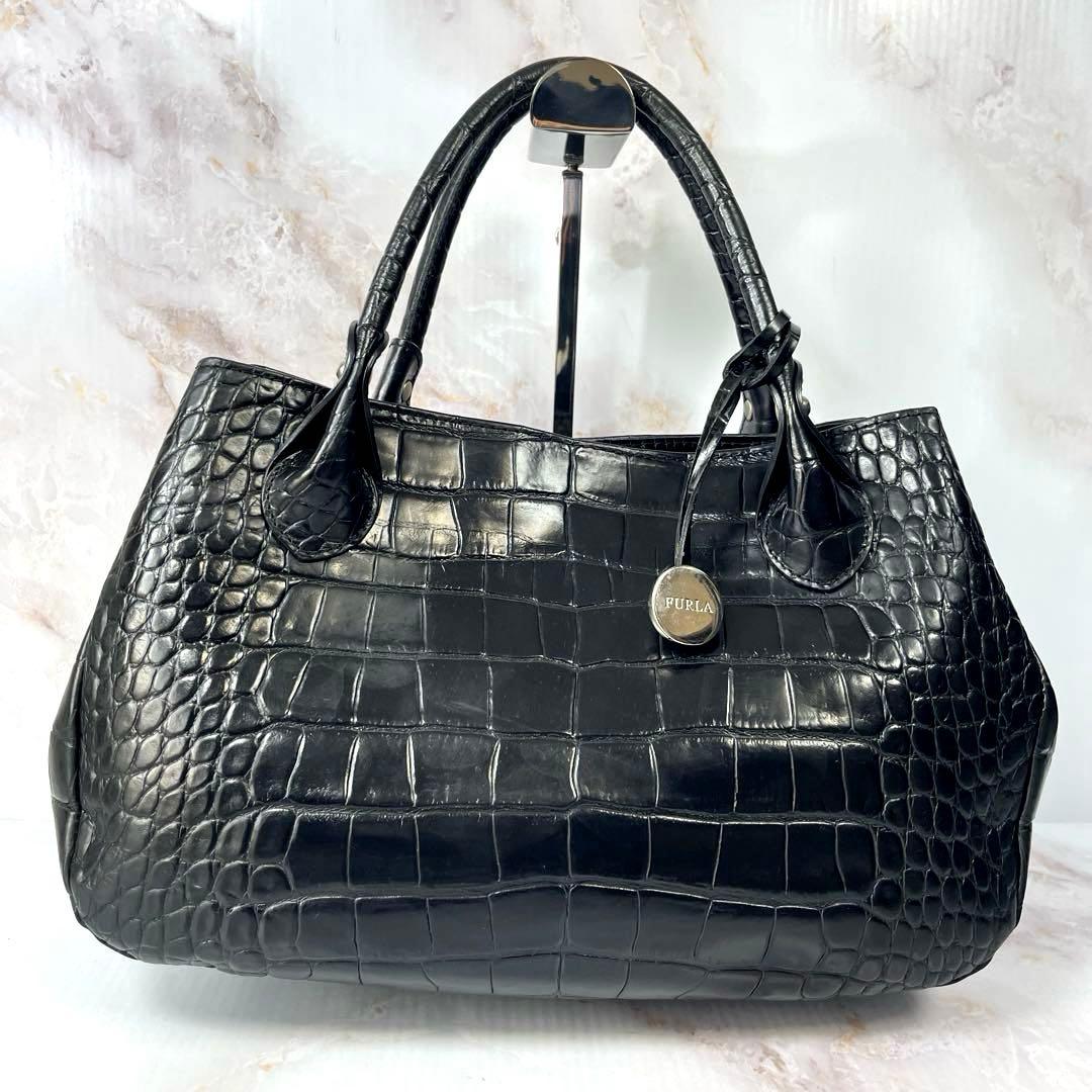 【美品】 FURLA ハンドバッグ クロコ型押し レザー ブラック 黒