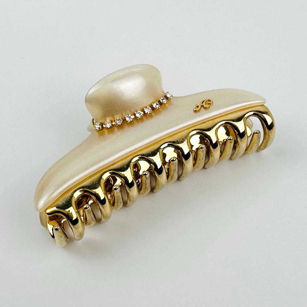 美品　アッカ　バレッタ　ヘアクリップ ゴールド アイボリー 約10cm ロゴ