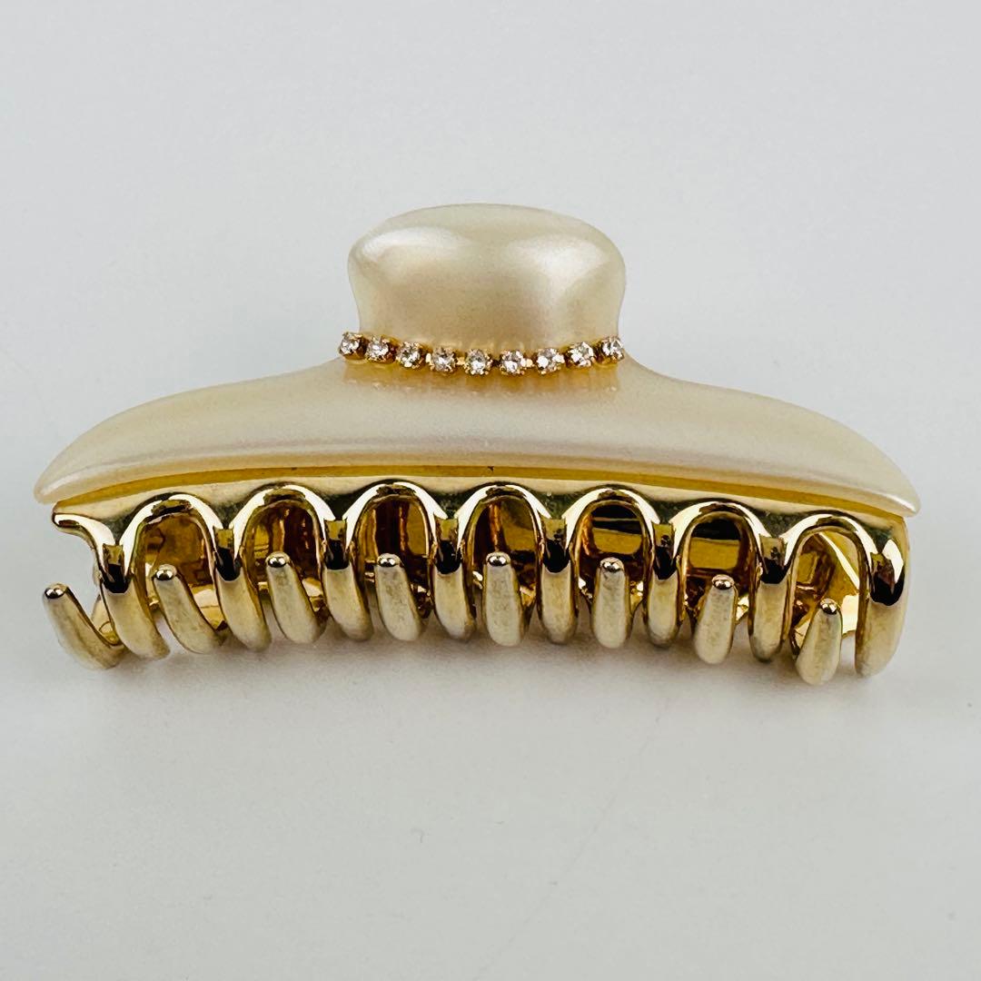 美品　アッカ　バレッタ　ヘアクリップ ゴールド アイボリー 約10cm ロゴ