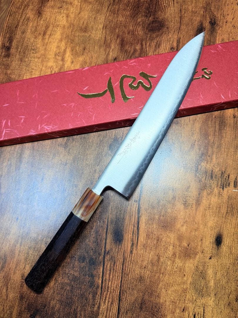 義弘作　和牛刀　包丁　8寸　青紙スーパー鋼　山脇刃物製作所　紫檀白水牛八角柄