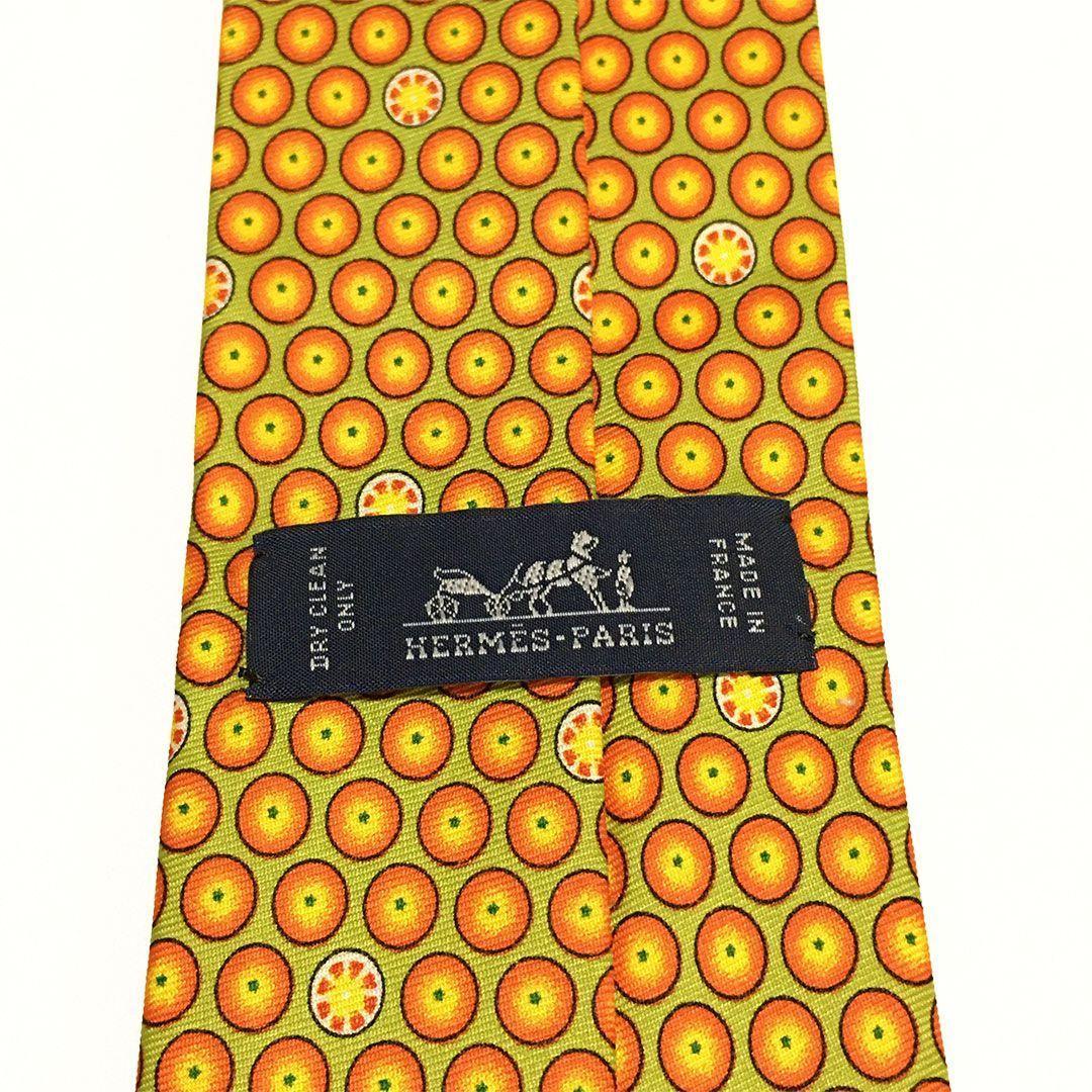 未使用級 エルメス HERMES ネクタイ シルク オレンジ グリーン 総柄