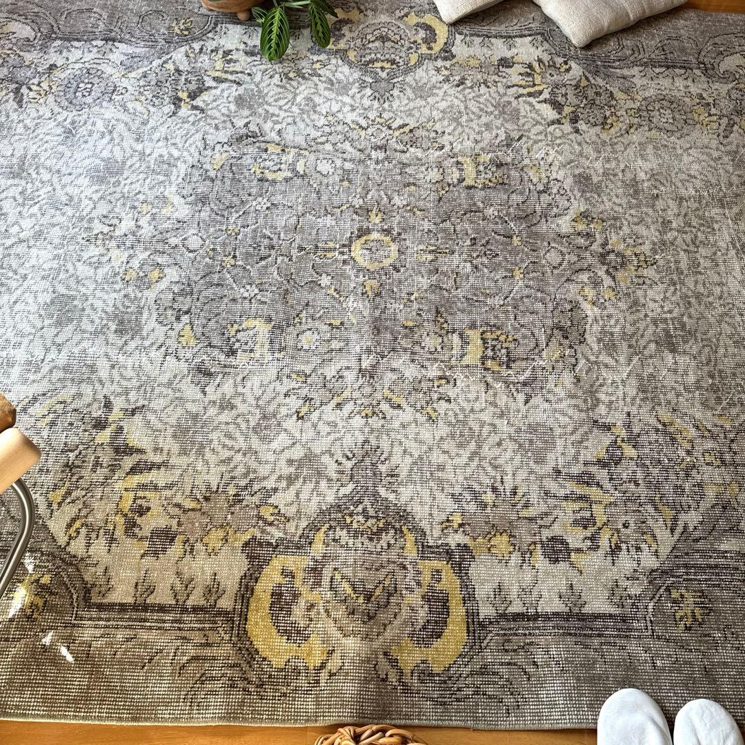 超大判レア166×277グレージュ×イエロー　メダリオン　トルコヴィンテージラグ