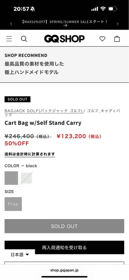 bagjack golf キャディバッグ　ブラック　カートバッグ