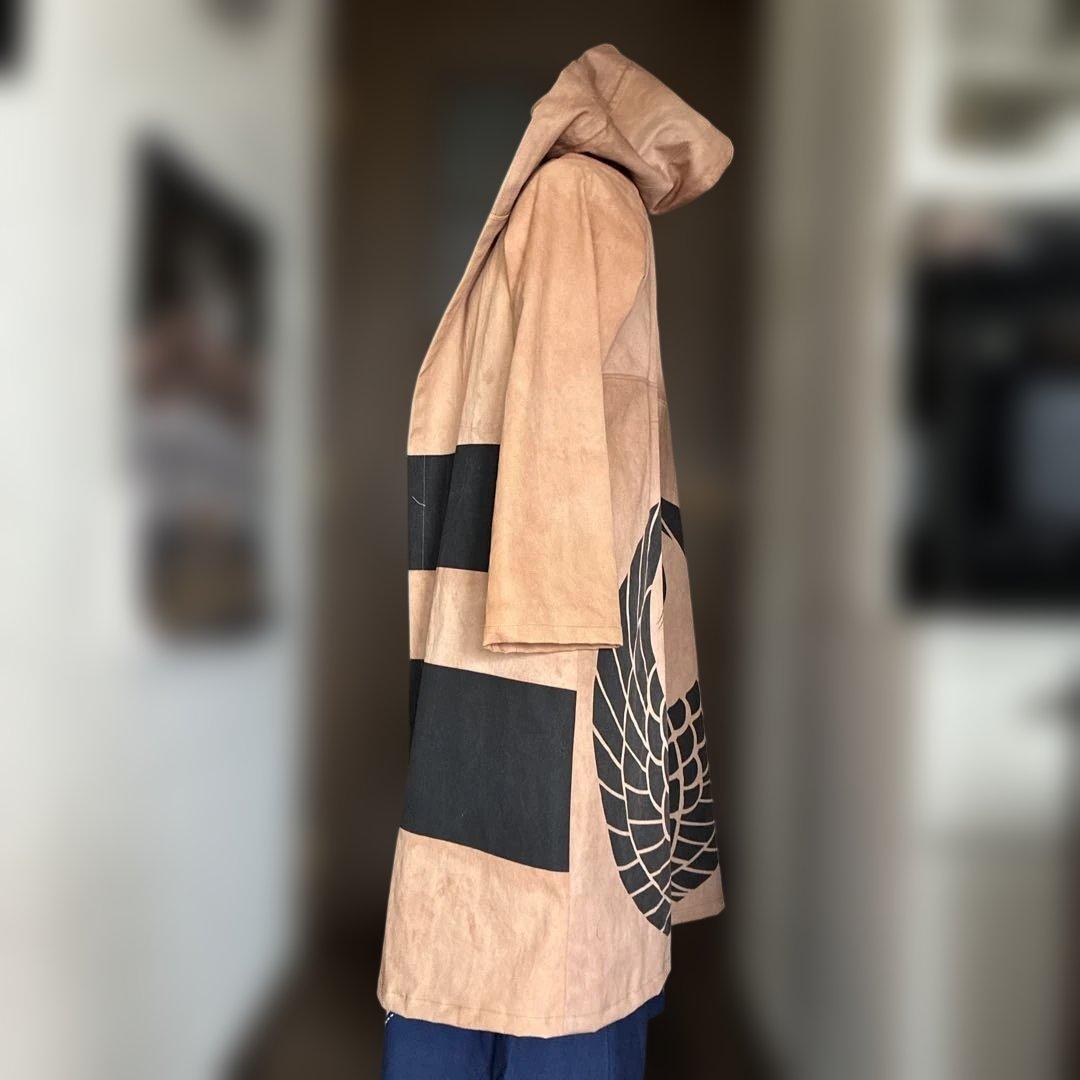 大きな家紋／柿渋染フード付きコート／コーデガン　サイズL